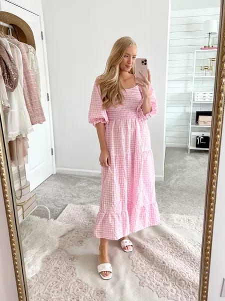 Pink gingham dress from Amazon. I need to reorder because my smocking is crooked in the front 🤣 Wearing a small Dress From Amazon, Pink Gingham Dress, Amazon Dresses, Maternity Outfits, Amazon Clothes, Pink Maxi, Pink Gingham, Gingham Print, Gingham Dress