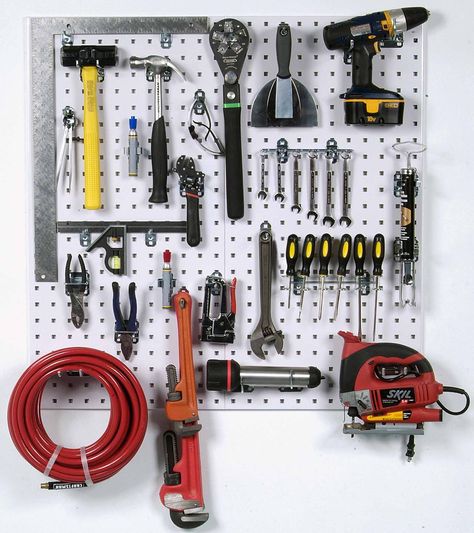 Small Shed Organization, Small Shed Organization Ideas, Wall Storage Garage, Shed Organization Ideas, Tools Garage Organization, White Pegboard, Pegboard Craft Room, Workroom Ideas, Tool Wall Storage