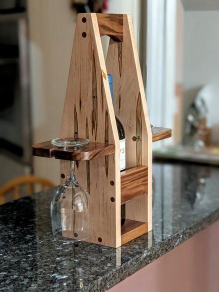 Wine Bottle and Glasses Caddy Wine Crafts Wooden, Wine Glass And Bottle Holder Wood, Ambrosia Maple Projects, Diy Wine Caddy, Wine Caddy Diy Wooden, 1x3 Wood Projects, Wine Bottle And Glass Holder, Diy Whiskey, Wine Bottle Glass Holder