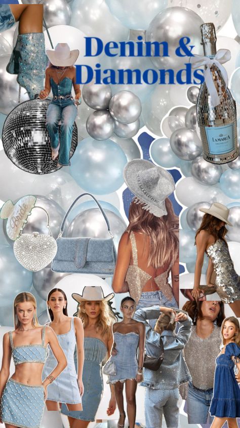 Denim Bachelorette Party, Sorority Party Themes, Denim And Diamonds Party Outfit, Denim Party Outfit, Diamonds And Denim Party, Sorority Party, Diamond Theme, Denim Party, Diamond Party