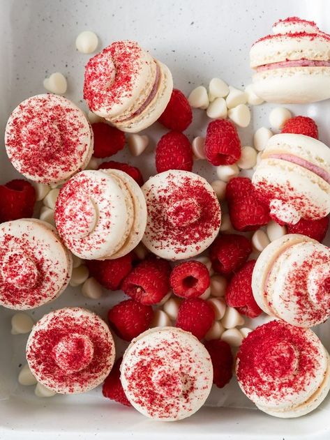 Raspberry White Chocolate Macarons, Valentines Day Macarons Flavors, Valentines Macarons Flavors, Valentine’s Day Macarons, Macaroons Raspberry, Macaroons Ideas, Cranberry Macarons, Chocolate Raspberry Macarons, Cherry Macarons