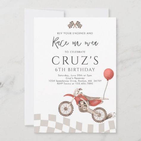 Red Dirt Bike Boy Motocross Racing Birthday Party for $3.08 - Birthday Invitations Dirtbike Birthday Party, Red Dirt Bike, Blue Dirt Bike, Motocross Birthday Party, Motorcycle Birthday Parties, Racing Birthday Party, 3rd Birthday Party For Boy, Boy 2nd Birthday, Bike Boy