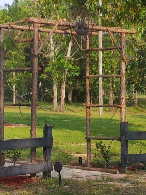 Rustic arbor, trellis made from pine saplings. Rustic Arbor, Arbors Trellis, Backyard Garden Layout, Backyard Garden Landscape, Natural Playground, Low Maintenance Garden, Homestead Survival, Garden Path, Backyard Garden Design