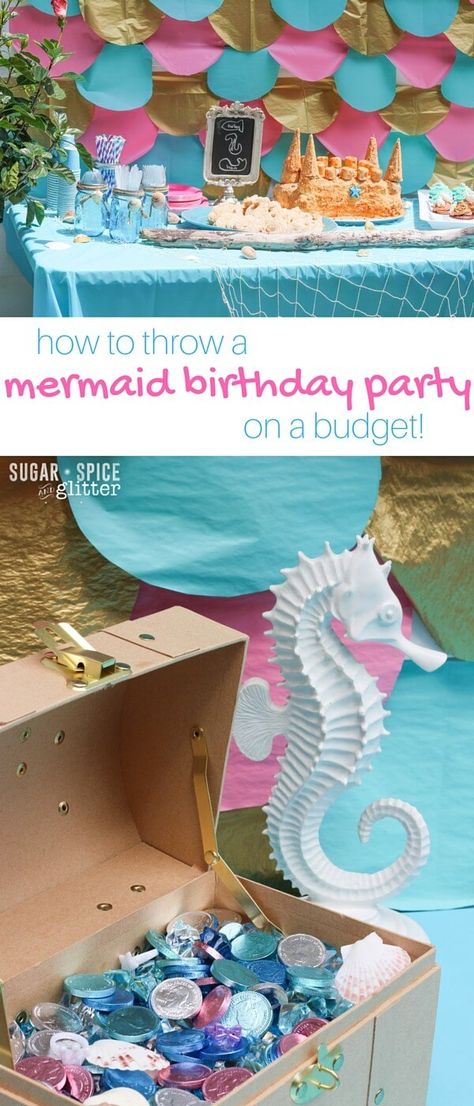 How to Throw a Mermaid Birthday Party on a budget - this mom shares all of the details how she entertained 40 people on a budget of $150. Such cute details, including the mermaid party foods, mermaid play list, and mermaid party activities Diy Mermaid Birthday Party, Party Food On A Budget, Birthday Party On A Budget, Birthday Party Mermaid, Mermaid Party Food, Lila Party, Food On A Budget, Mermaid Pool Parties, Party On A Budget