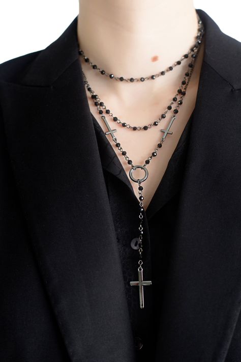 Hail Mary Rosary Necklace — Bête Noire | Gothic Couture Rosary Necklace Outfit, Rosary Style Necklace Diy, Rosary Outfit, Rosary Fashion, Wire Necklace Diy, Gothic Black Cross Necklace Gift, Cross Necklace Gothic, Rosary Aesthetic, Goth Rosary