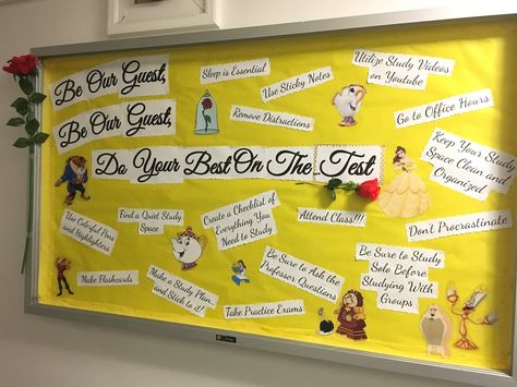 "Be Our Guest, Be Our Guest, Do Your Best on the Test" RA Beauty and the Beast themed Bulletin Board with study tips Beauty And The Beast Bulletin Board, Beauty And The Beast Classroom, Pta Themes, Disney Bulletin Boards, Welcome Bulletin Board, Dorm Themes, College Bulletin Boards, Ra Themes, Ra Bulletins