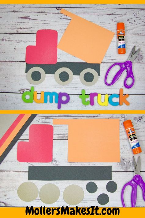 Are you looking for a simple but fun Construction themed  craft to make with your kiddos?  This  adorable Dump Truck Craft Template is perfect for toddlers, preschoolers,  kindergarteners, and elementary aged kids.   It’s great for a classroom, a cute homeschool craft activity, or a cut  and glue craft to put together at home with your kids.  Perfect for an easy print and go activity.  For more adorable and simple craft templates  visit MollersMakesIt.com. Under Construction Crafts For Kids, Trucks Crafts Preschool, Dump Truck Art Preschool, Dump Truck Activities For Preschool, Garbage Crafts For Preschool, Mechanic Preschool Craft, Build A Truck Preschool Activity, Bulldozer Craft Preschool, Construction Worker Preschool Crafts