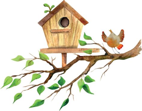 Watercolor hand drawn birdhouse on a tree branch with a bird, isolated on white background. Design for cards, gift bags, invitations, textile, print, wallpaper, for children Design For Cards, White Background Design, Textile Print, Tree Drawing, Cityscape Photos, Logo Banners, Print Wallpaper, Tree Branch, Custom Illustration