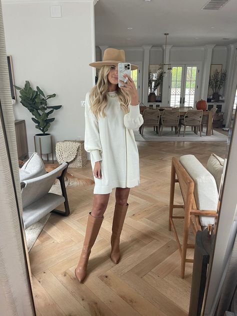 Eckina Knee High Boot curated on LTK Light Brown High Boots, Tan Knee High Boots Outfit Dress, Tan Knee High Boots Outfit, White Knee High Boots Outfit, Tan Boots Outfit, Beige Knee High Boots, Dress Boots Outfit, Dress With Knee High Boots, Neutral Fits