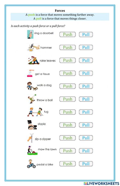 Push And Pull Worksheets Grade 3, Force Worksheet For Grade 3, Science For Grade 1 Worksheets, Push And Pull Worksheets, Science Worksheets For Grade 1, Force Worksheet, Third Grade Science Worksheets, Fun Science Worksheets, Live Worksheet