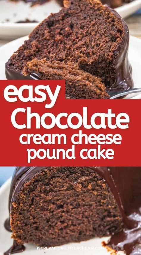 This easy chocolate cream cheese pound cake comes together super fast, but tastes amazing. It's a quick cake to throw together that everyone will love. Recipes Using Chocolate Cake Mix Boxes And Cream Cheese, Cream Cheese Chocolate Cake Recipes, Chocolate Cake Mix Pound Cake, Pound Cake With Chocolate Icing, Pound Cake With Cream Cheese Icing, Dreamy Cream Cheese Chocolate Pound Cake, Doctored Cake Mix Recipes Chocolate, Chocolate Pound Cake Recipe Easy, Cream Cheese Chocolate Cake