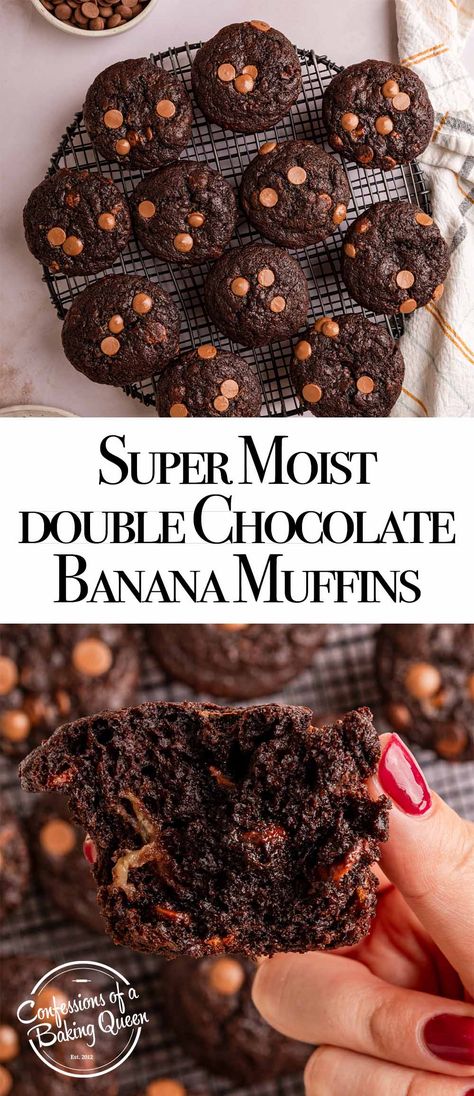 Double Chocolate Banana Muffins, Berry Muffin Recipe, Double Chocolate Chip Muffins, Fruit Muffins, Chocolate Muffin Recipe, Chocolate Banana Muffins, Berry Muffins, Treats Recipes, Rich Chocolate Cake