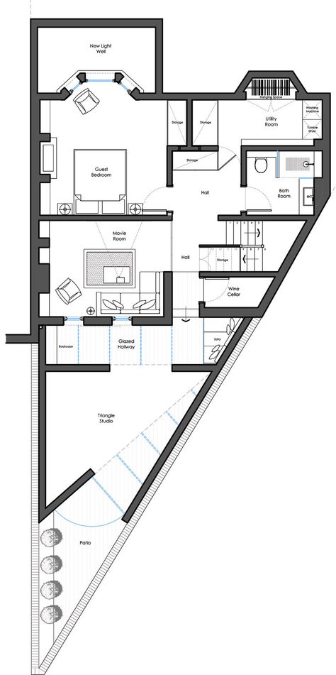 Hackney-based Yellow Cloud Studio has designed a triangular glass and plywood extension for a Victorian house in east London that makes a virtue of its awkward space. Triangular House Design, Trapezoid House Plan, Triangular Plot House Plans, Triangular Extension, Triangular Architecture, Triangle Building, Uk Architecture, Triangle House, Yellow Cloud