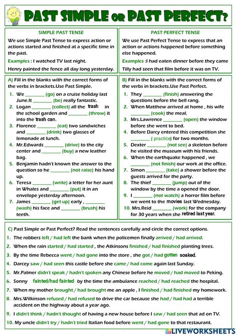 Past Simple Vs Past Perfect, Past Perfect Worksheets, Present Perfect Tense Exercises, Esl Exercises, Past Perfect Tense, Tenses Grammar, English Grammar Exercises, English Grammar Tenses, Simple Past