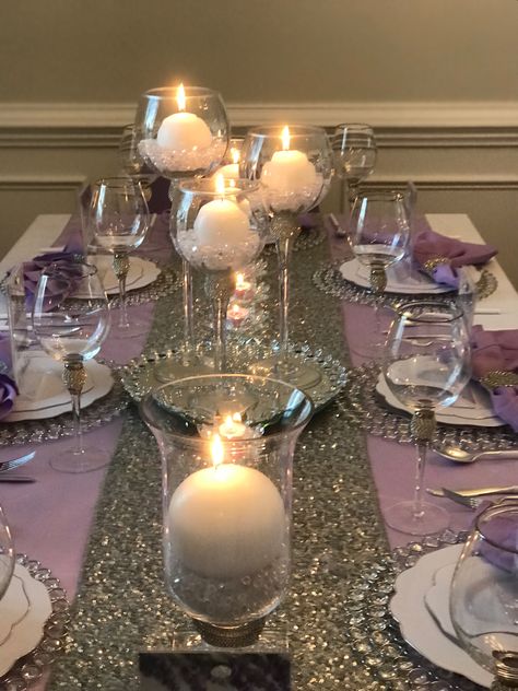 Lavender And Silver Table Setting, Silver Table Setting, Silver Birthday, Silver Table, Golden Anniversary, Floral Ideas, Elegant Decor, Reception Decor, Reception Decorations