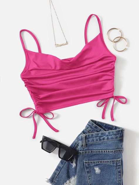 Rosa Fucsia Casual Collar  Poliéster Liso Tirantes Embellished Elástico Ligero Verano Tops & Blusas & Camisetas de Mujer Crop Top Rosa Outfit, Cropped Rosa Pink, Top Rosa Outfit, Outfits Con Top Rosa, Tops Rosas, Crop Top Fucsia, Crop Top Rosa, Top Fucsia, Barbie Crop Top