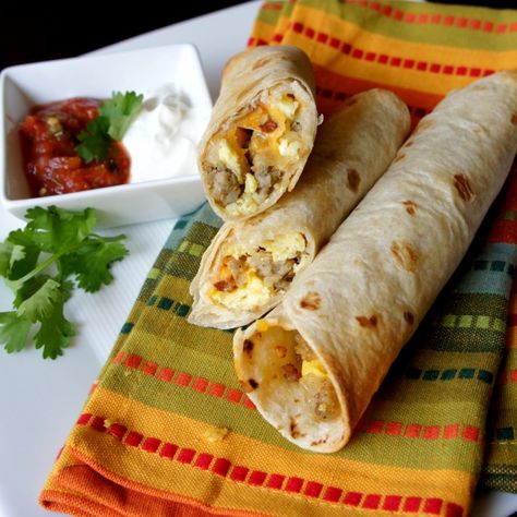 Sausage, Egg and Cheese Breakfast Flautas Breakfast Flautas, Flautas Recipe, Egg And Sausage, Eggs Cheese Breakfast, Breakfast Wrap, Cheese Breakfast, Breakfast Casseroles, Egg And Cheese, Simple Breakfast