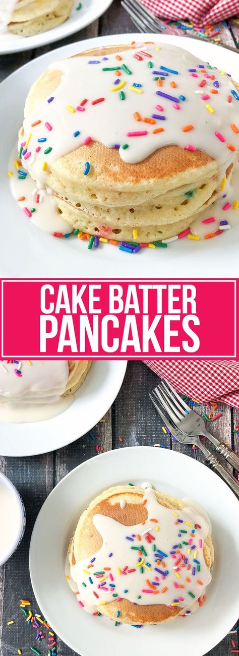 Celebrate any occasion with these festive Cake Batter Pancakes! These fluffy pancakes are made with cake mix and a few other simple pantry ingredients! Cake Batter Cheesecake, Cake Batter Pancakes, Cake Mix Pancakes, 2 Ingredient Cakes, Cake Batter Truffles, Cake Batter Fudge, Cake Batter Dip, Gourmet Pancakes, Cake Batter Ice Cream