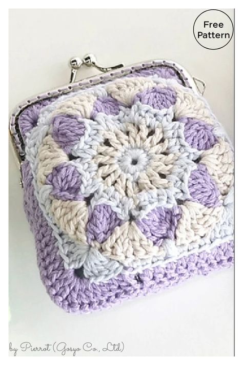 4 Granny Coin Purse Crochet Patterns Coin Purse Crochet Pattern, Crocheted Purse, Crochet Coin Purse, Crochet Symbols, Tutorial Ideas, Diy Handbag, Crochet Purse, Pouch Pattern, Crochet Bags Purses