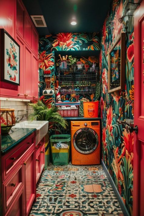 Laundry Room Art And Decor Ideas, Maximalist Laundry Room, Colorful Home Aesthetic, Colorful Laundry Room Ideas, Maximalism House, Washroom Makeover, Eclectic Laundry Room, Maximalist Entryway, Colorful Laundry Room