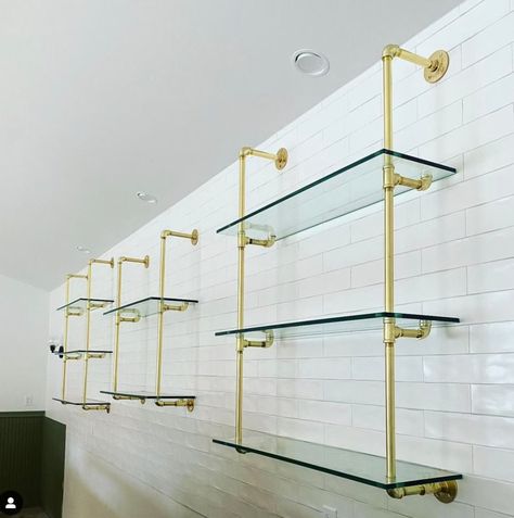 Brass-plated French Bistro Shelves for Bar or Kitchen custom - Etsy French Bistro Shelves, Glass Bar Shelves, Bistro Shelves, Bistro Shelving, Brass Shelving, Liquor Shelf, Glass Shelves Kitchen, Home Wet Bar, Brass Shelves