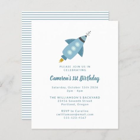 $ 1.15 | Budget Rocket Ship Blue 1st Birthday Invitation - cute, fun whimsical style, add name birthday party details, 1st first one 1 boy, budget, blue, kids, simple typography, modern minimalist, rocket ship rocketship spaceship space Blue 1st Birthday Party, Birthday Party Details, 1st Birthday Party Invitations, Simple Typography, 1st Birthday Invitation, Space Rocket, Rocket Ship, 1st Birthday Invitations, 1st Birthday Party