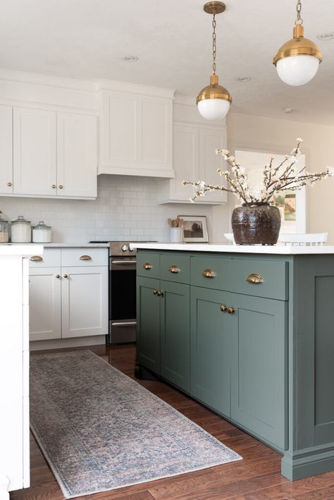 Beige Cabinets Green Island, Green Island Cabinets, Olive Island Kitchen, Island Kitchen Color Ideas, Green Island White Cabinets, Green Paint Colours, Benjamin Moore Green, Farmhouse Reno, Benjamin Moore Kitchen