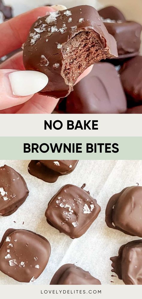 These Healthy No Bake Brownie Bites come together in just under 20 minutes and are made with simple and healthy pantry staple ingredients! This easy no bake dessert recipe comes together in just under 20 minutes. These brownie bites are vegan and gluten free. No Bake Goodies Sweet Treats, Easy No Bake Recipes Healthy, Chocolate Desserts Easy Quick Healthy, No Bake Brownie Bites 3 Ingredients, Meal Prep Dessert Healthy, Healthy Desserts No Banana, Healthy Dessert No Bake, Healthy Dessert Recipes No Bake, Low Ingredient Baking