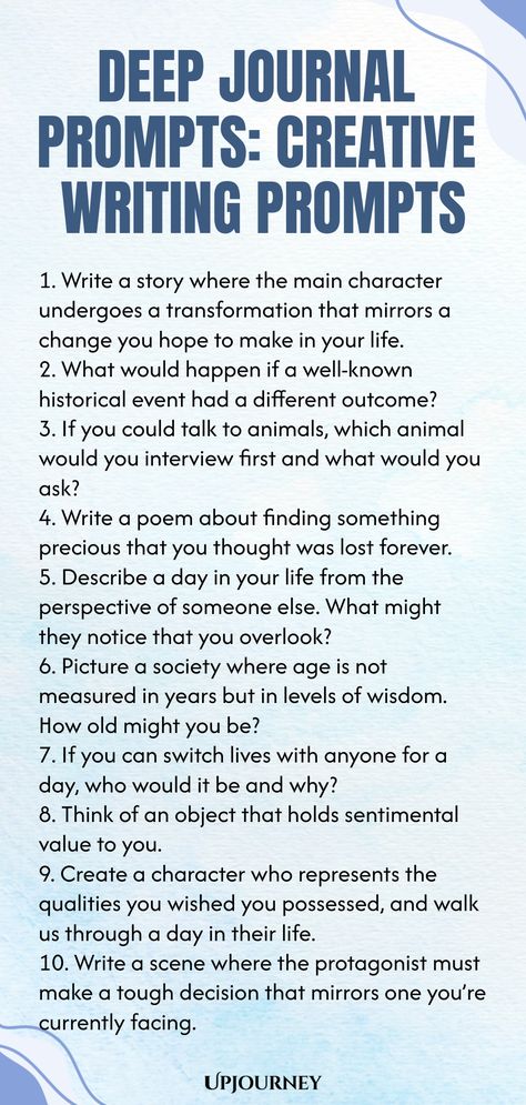 Discover a collection of deep journal prompts that will spark your creativity and inspire your writing. These creative writing prompts are perfect for diving into reflection and exploration. Whether you're looking to deepen your writing practice or simply express yourself, these prompts are sure to guide you in meaningful ways. Explore new depths in your creative journey with these inspiring journal prompts today! Creative Writing Practice, Creative Writing Journal Prompts, Writing Promt Ideas Journal Prompts, Journal Prompts For Creativity, Writing Poetry Prompts, Journal Prompts Creative Writing, What To Write In Your Journal, Adult Writing Prompts, Handwriting Prompts