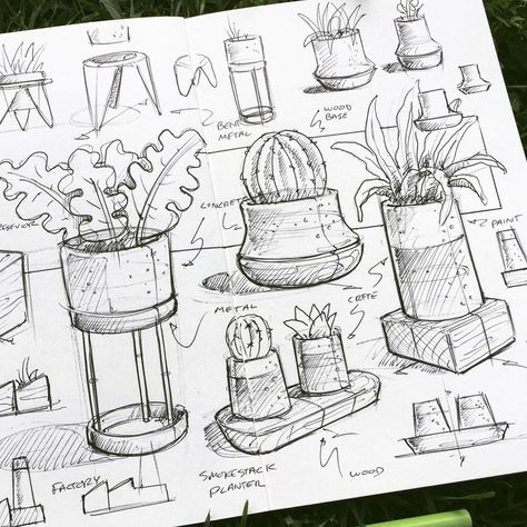 sketched a few planters for earth day . . . . . #doodles #sketch #sketches #design #drawing #draw #sketchbook #ballpoint #monami #moleskine #industrialdesign #plants #planter #succulents #cactus #palm #concrete #wood Succulents Drawing, Interior Design Sketchbook, Plant Sketches, Desk Corner, Industrial Windows, Furniture Design Sketches, Interior Design Drawings, Texture Drawing, Interior Design Sketches