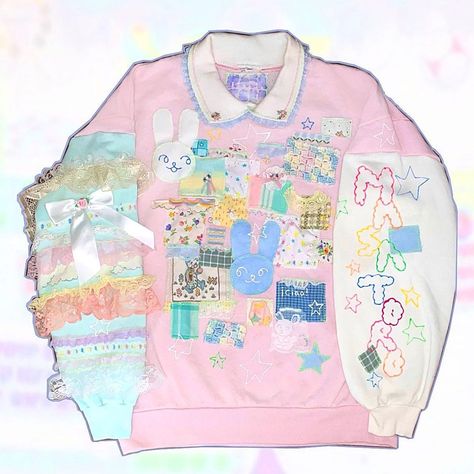 Kawaii Upcycled Clothes, Colorful Sweater Outfit, Collage Sweater, Clothing Design Ideas, Love Basket, Soft Kidcore, Dream Collage, Silly Clothes, Diy Sweater