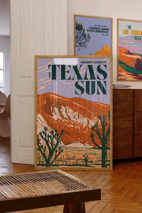 Texas Sun Desert Art Illustration Poster Print, Printable Poster Desert Aesthetic Decor, Hobby Lobby Frames, Desert Poster, Texas Sun, Summer Madness, Western Posters, Western Landscape, Desert Art, Art Hobbies