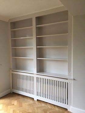 Radiator In Bookcase, Seating In Front Of Radiator, Bookshelves Over Radiator, Fitted Shelves Living Room Bookcases, Shelving Above Radiator, Bookshelf Over Radiator, Radiator Storage Ideas, Built Ins Around Radiator, Hidden Radiator