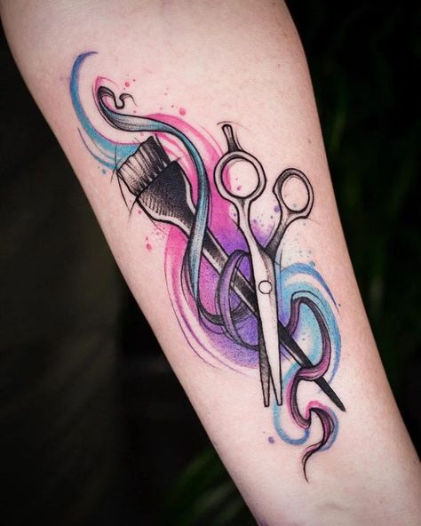 From Clippers to Ink: A Gallery of Hairstylist Tattoos You’ll Love - Body Artifact Female Barber Tattoo Ideas, Hair Dresser Tattoos Scissors, Hairdressers Tattoo Ideas, Tattoo Ideas Hairstylist, Hair Color Brush Tattoo, Beautician Tattoo Ideas, Hairdressing Tattoos Ideas, Barber Tattoos For Women, Hairstylist Tattoo Ideas