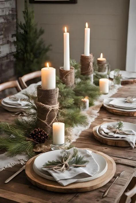 25 Inspiring Ideas for Rustic Christmas Decorations That Will Transform Your Home Into a Winter Wonderland - RectifyHome Natural Table Scape, Natural Christmas Decor Table, Christmas Boho Table Setting, Oak Table Setting Ideas, Simple Rustic Christmas Table Decor, Christmas Table Natural, Table Runner Ideas Christmas, Woodland Christmas Table Decor, Winter Tablescapes Simple