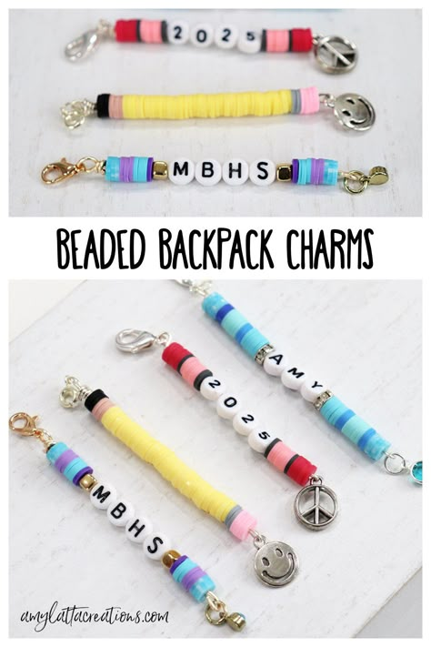 Beaded Backpack Charms - Amy Latta Creations Backpack Charms Diy, Beaded Backpack, School Spirit Crafts, Backpack Charms, Craft Market Display, Homemade Bracelets, Diy Backpack, Backpack Keychains, Diy Letters