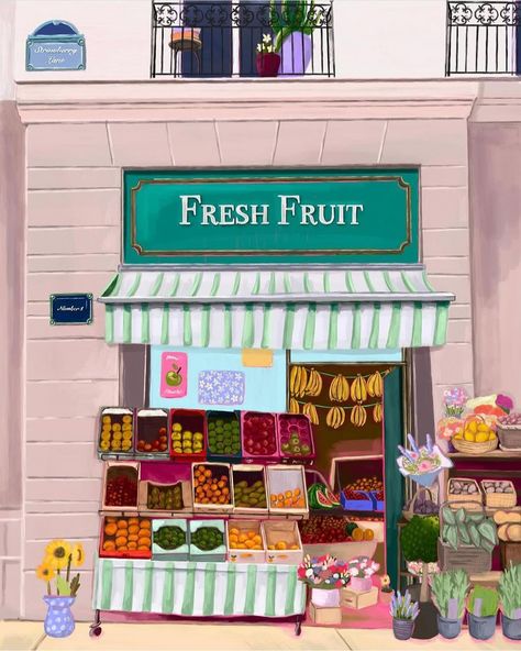 THEY DRAW…Food! | Illustration by @rebeccaelizabethdraws — What could be better than a fresh fruit market stand tucked inside a pink building? Thanks to… | Instagram Fruit Stall Drawing, Fruit Market Drawing, Draw Food, Market Stands, Travel Art Journal, Missing Something, Fruit Shop, Fruit Stands, Interior Illustration