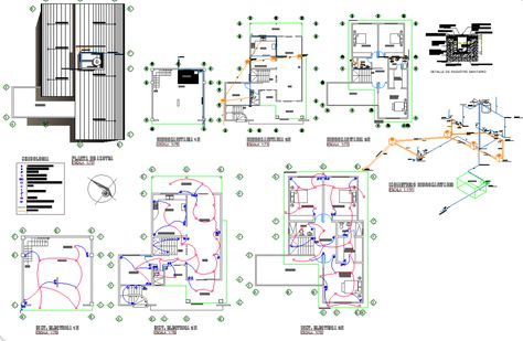 Electrical house plan layout file, north direction, circuit detail, centre line detail, legend specification, scale 1:75, architect design in the living room, kitchen, bedroom, shaft, washroom, stair detail, electrical point detail, etc. Electric Points In Bedroom, House Plan Layout, Lighting Plans, Wiring Electrical, Electrical Cad, Plan Layout, Electrical Layout, Electrical Installation, Autocad Drawing