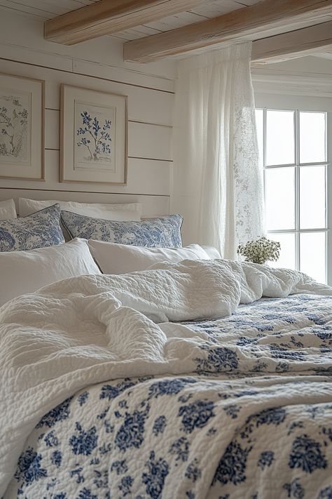 Create a calming oasis with white and blue bedroom ideas. Explore crisp white bedding, soft blue walls, and nautical accents. Find inspiration for blue and white patterned curtains, woven jute rugs, and light blue ceiling paint to design a tranquil and refreshing bedroom retreat.  This color combo evokes seaside relaxation and breezy comfort. White Beige Light Blue Bedroom Ideas, Costal Grandma Bedroom Aesthetic, French Blue Bedroom Ideas, White Blue Bedroom Ideas, Blue And White Bedroom Aesthetic, White And Blue Bedroom Ideas, Light Blue Room Aesthetic, Light Blue Ceiling, Blue Ceiling Paint