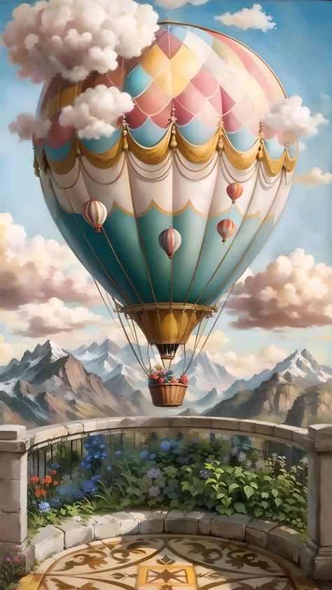 Whimsical Hot Air Balloon, Hot Air Balloon Art, Air Balloon Art, Hot Air Balloons Art, Blue Sky Wallpaper, Balloons Photography, Balloon Illustration, Vintage Hot Air Balloon, Around The World In 80 Days