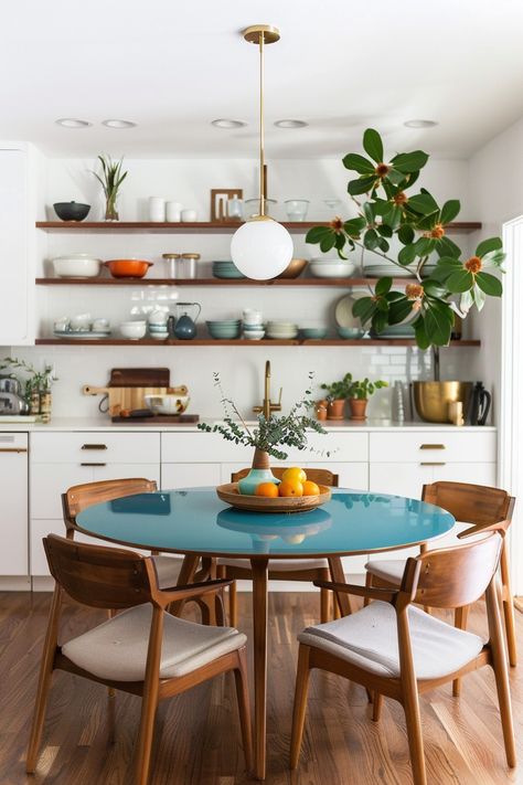 Mid Century Modern Pop Of Color, Midcentury Kitchen Table, Mid Century Modern Condo, Mid Century Coastal Style, Kitchen Ideas Mid Century, 60s Farmhouse, Dining Room Mid Century Modern, Midcentury Modern Kitchen Table, Kitchen Remodel Tips