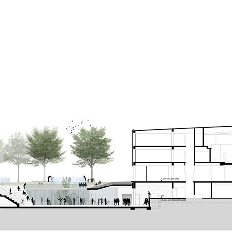 Stuttgart Citizen and Media Center by Henning Larsen Architects Section Illustration, Longitudinal Section, Architecture Drawing Presentation, Henning Larsen, Conceptual Drawing, A Frame House Plans, Stairs Architecture, Stuttgart Germany, Architecture Graphics