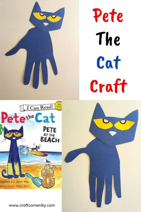 Easy Pete The Cat Handprint Craft For Kids | Craft Corner DIY Cat Handprint Craft, Pete The Cat Craft, Lion Kids Crafts, Kids Craft Corner, Pete The Cat Books, Cat Crafts Preschool, Lion Craft, Cat Template, Elephant Crafts