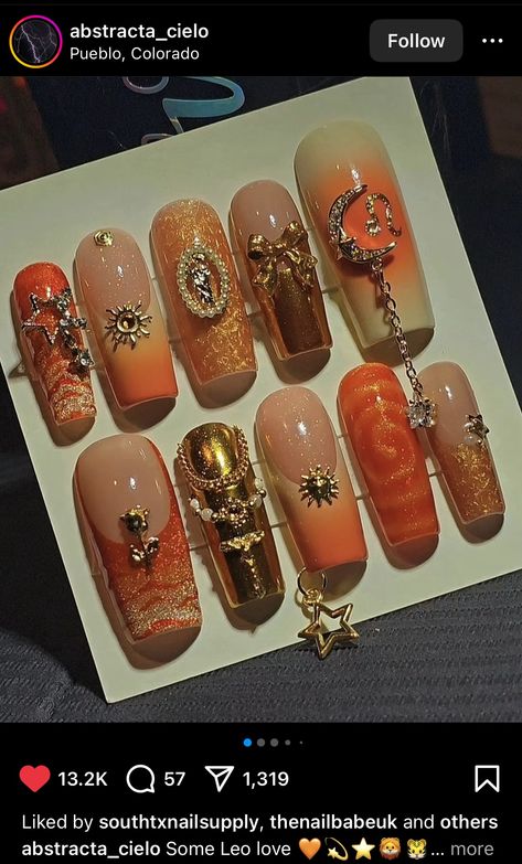 Taurus Acrylic Nail Designs, Leo Themed Nails, Jhene Aiko Nail Ideas, Saggitarius Nail Ideas, Jhene Aiko Nails, Leo Inspired Nails, Scorpio Nail Art, Leo Season Nails, Virgo Nail Art