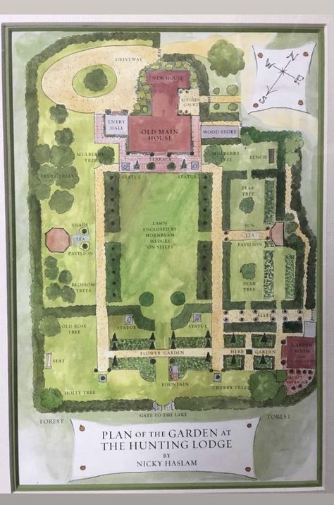 Nicky Haslam, Food Forest Garden, Architecture Blueprints, Wood Store, Garden Drawing, Formal Garden, Hunting Lodge, Garden Fountain, Lake Forest