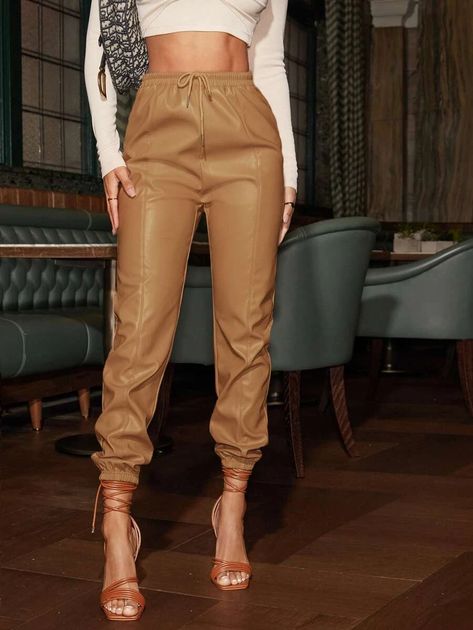 SHEIN Knot Waist PU Leather Pants | SHEIN USA Leather Scrunch Pants Outfit, Khaki Leather Pants Outfit, Tan Leather Pants Outfit, White Leather Pants Outfit, Cream Leather Pants Outfit, Baggy Leather Pants Outfit, Leather Cargo Pants Outfit, Leather Joggers Outfit, Leather Pants Outfits