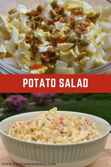 Simply Delicious Potato Salad - This simply delicious potato salad is creamy and fresh with an unexpected twist. Pimento stuffed green olives add a big punch of flavor that makes this recipe a winner!  www.knifeandpaddle.com Potato Salad With Green Olives And Egg, Potato Salad With Green Olives, Green Olive Potato Salad, Potato Salad With Olives, Delicious Potato Salad, Parmesan Potato Wedges, Creamy Potato Salad, Olive Salad, Parmesan Potatoes