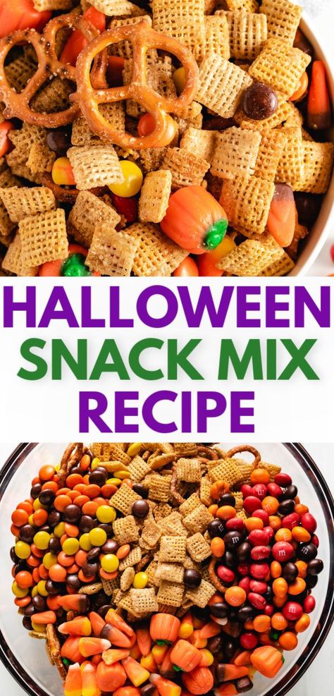 This Halloween Chex mix is a sweet and salty fall snack mix filled with pretzels, candy pumpkins, and M&Ms, making it a perfect kid-friendly snack mix recipe for fall parties and Thanksgiving snacks. Halloween Chex Mix Recipes, Brown Sugar Sauce, Fall Snack Mixes, Party Mix Snacks, Fun Meals, Halloween Snack Mix, Easy Halloween Snacks, Salty Sweet Snacks, Fall Goodies