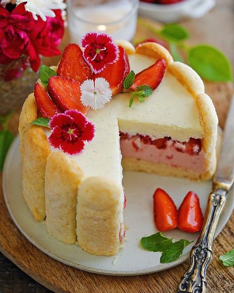 Deeba Rajpal on Instagram: "Eggless Strawberry Charlotte Cake... As delicious as it is pretty! Makes one 5 to 6" cake, Serves 4 1 portion of eggless lady fingers dough. {Recipe on my blog passionateaboutbaking.com or DM for link.} Strawberry compote 40g fresh strawberries 15g sugar 1 tsp lime juice 1/2 tsp cornflour 1/4 tsp agar agar 1/2 vanilla bean, scraped Cream filling 225g 25% fat cream 2 tsp agar agar 100g white chocolate, chopped 200g cream cheese, room temperature, whisked 75g Lady Fingers Recipe Desserts, Lady Finger Desserts, Mousse Deserts, Lady Finger Cake, Charlotte Cake Recipe, Strawberry Charlotte Cake, Cooking Deserts, Lady Fingers Dessert, Strawberry Charlotte