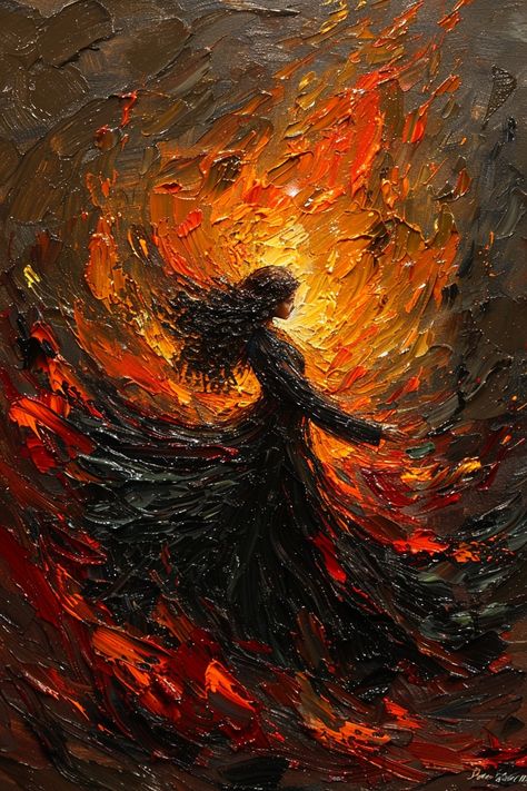 Letting my imagination run wild. A visual journey through my mind. #oilpainting #art #painting #artwork #fineart #canvas Dramatic Art Painting, Fire Painting Aesthetic, Woman On Fire Art, Art Representing Growth, Women Dancing Around Fire, Bravery Art, Powerful Paintings, Painting Freedom, Silhouette Paintings